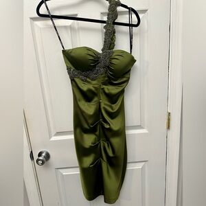Flattering One Shoulder Olive Green Dress With Bead Embellishment